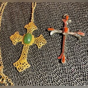 Gold and Silver Cross Pendant Set 3” Vintage Rare Religious Christianity